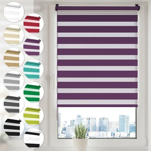 Doppelrollo Klemmfix ohne Bohren 50cm x 210cm Lila Duo Rollo Klemmrollo Sonnenschutzrollo Fensterrollo für Fenster & Türen Zebrarollo Seitenzugrollo