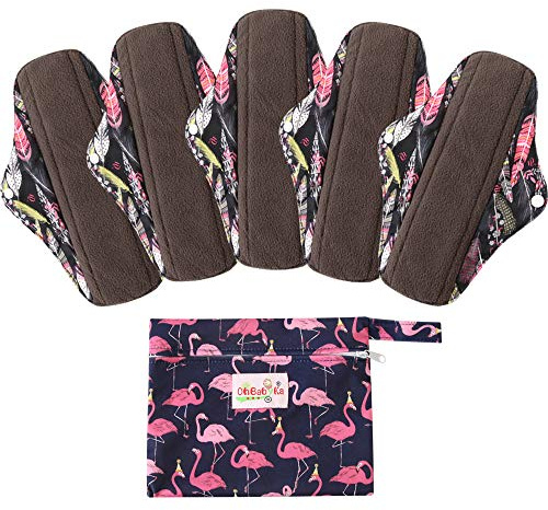 5 Stück Waschbare/Wiederverwendbare Slipeinlagen mit Holzkohle Absorbency Menstruation-Pads Waschbare Stoffbinden, Wiederverwendbare Binden,mit 1 Tragbare Mini Tasche (Groß- 30cm/11.8 inch, Feather)