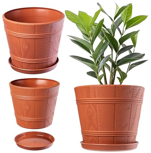 KADAX Blumentopf, Blumenkübel mit Untersetzer, Pflanzkübel für Innen- und Außenbereiche, Holzoptik, wetterfester Pflanztopf aus Kunststoff, Übertopf für Blumen, Garten, Balkon (Ø 19 cm, Terrakotta)