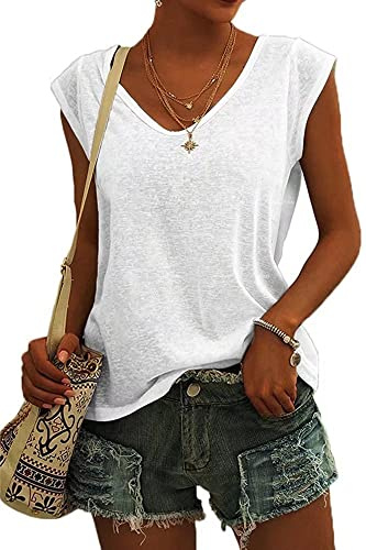 ASKSA Women V Neck Cap Sleeve T-Shirt Summer Solid Color Tank Top Casual Loose Shirts Basic Tee Tops (White,M)