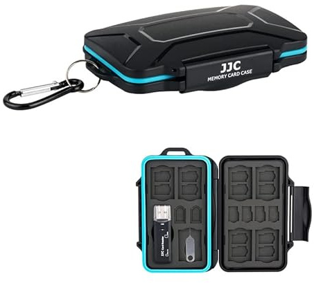 JJC Speicherkarte Schutzhülle Aufbewahrung mit USB 3.0 Kartenleser für 7 SD SDXC SDHC + 16 Micro SD TF + 2 Micro SIM + 2 Nano SIM Karten, Memory Card Case wasserdichte SD Etui Schutzbox mit Karabiner