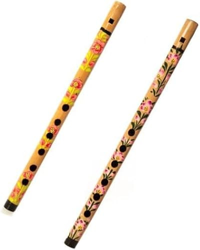 Decorative Traditional Handmade Wooden Bamboo Flute Basuri Indian Musical Instrument for gifting and Decoration (Flower Design-Set of 2)