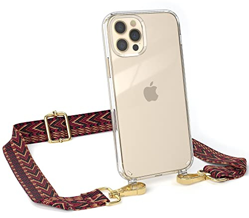 EAZY CASE Handykette - Verstellbares Taschenband kompatibel mit iPhone 12/12 Pro, Schulterriemen, Handykordel mit Silikon Hülle, Umhängetasche, Rot Braun Gold