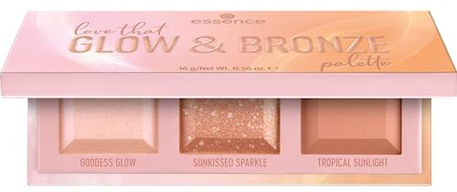 essence love that GLOW & BRONZE palette, Highlighter Palette, Mehrfarbig, 3 Farben, definierend, hochpigmentiert, schimmernd, farbintensiv, vegan, ölfrei, ohne Parfüm, ohne Alkohol, 1er Pack (16g)
