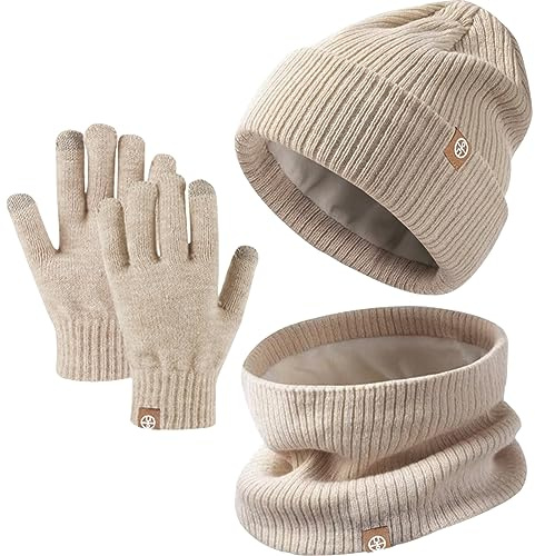 Baynetin Winter Beanie Hut, Schal, Handschuhe Set,Kinder Wintermütze Schal Handschuhe Set, Mütze Warme Beanie Hut Jungen Touchscreen Handschuhe Runder Schal Set für 5-12 Jahre