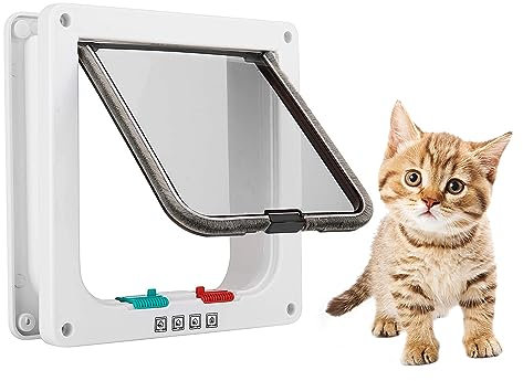 NAMSAN Katzenklappe Innentür Weiss Katzenklappe Isoliert für Katzen 4 Verrriegelungsstilen Katzenklappe Geräuschlos mit Magnet 23.5 cm x 25 cm (B x H)