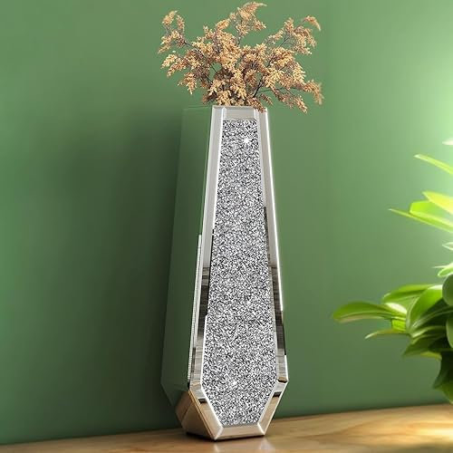 SHYFOY 61 cm Bodenvase, zerkleinerte Diamant-Spiegelvase, silberfarbene hohe Vasen für Dekoration, Wohnzimmer, Boden, Bling Kristallglas, Bodenvasen für Pampasgras, Heimdekoration