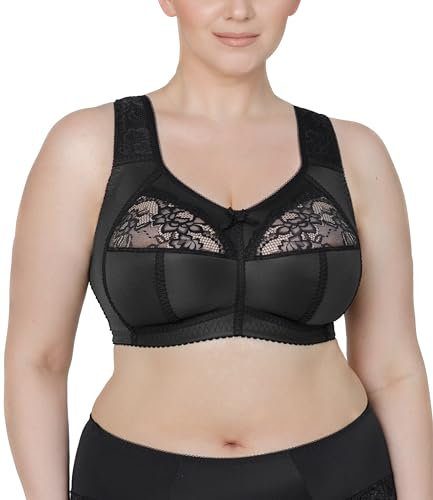Full Cup Bra, Soft Minimiser, Without Underwire, with Lace, Large Sizes, Wide Straps, Laminated Cotton, Soft, Stable Support, Large Breasts, Comfortable for Everyday Use, black, 42F