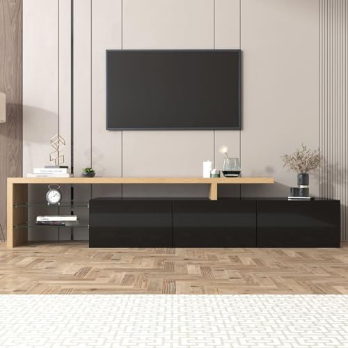 KOMHTOM Meuble TV blanc/noir avec LED, buffet avec 3 portes et 2 plateaux en verre, meuble multifonctionnel pour salon et chambre (Noir)