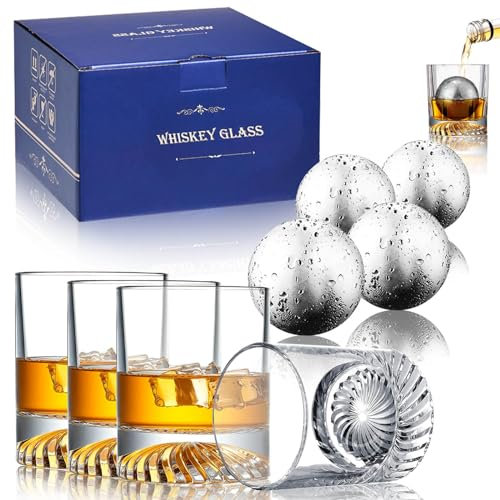 Lot de 4 verres à whisky à l'ancienne avec 4 boules de glace XXL en acier inoxydable, 300 ml, verres à whisky pour homme, gobelet à bourbon pour scotch, whisky, cognac, bar à la maison