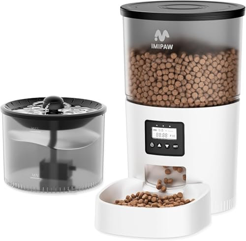 IMIPAW Distributore Automatico di Cibo per Gatti con Fontanella - Combo 3L | Dispenser Programmabile per Cani e Gatti, 1-6 Pasti al Giorno, Fontana con Filtro