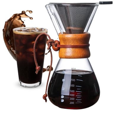 Cafetière pour Over - Machine à café en verre - Poignée en bois isolée - En acier inoxydable réutilisable - Avec filtre permanent - Sans papier - 800 ml