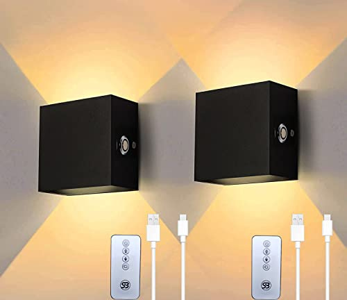 Wandleuchte Innen 2 Stück, Wandlampe Ohne Stromanschluss und Bohren, Dimmbar Wandleuchten mit Akku, Touch Control für Schlafzimmer Treppen Badezimmer Wohnzimmer (Schwarz, Warmweiß mit Fernbedienung)