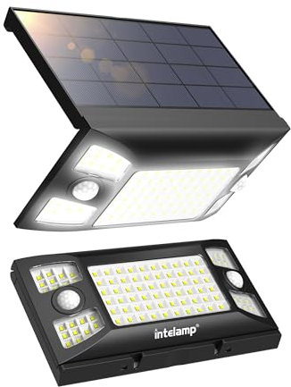 intelamp Luz Solar Exterior, 1300LM/3 Modos Focos Solares Exterior con Sensor de Movimiento, 4000mAH IP65 Impermeable Lamparas Exterior para Jardín, Garaje, Calle, Patio, Caminos (2)
