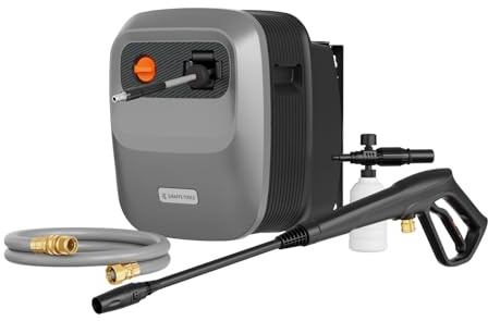 Giraffe Tools Nettoyeur haute pression monté, max 16,5 MPa, 2,4 GPM, nettoyeur haute pression électrique mural avec tuyau rétractable de 20 m, canon à mousse de 500 ml, buse rotative de 0 ° à 40 °