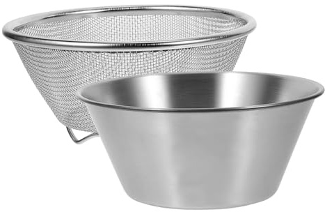 AUTSUPPL 304 Stainless Steel Fine Mesh Strainer and Rice Washer Basket Set 14cm, Kitchen Vegetable Colander for Home Cooking and Food Draining, Household Food Strainer with Basin