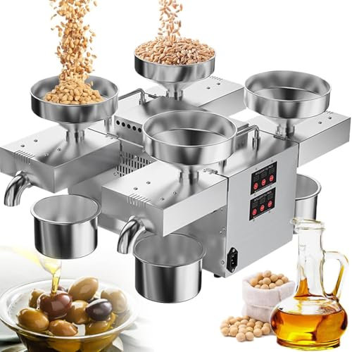 YANGYMM 2400w Automatic Stainless Steel Nut Seeds Oil Extractor, Commercial Oil Press Machine, with 4 Oil Outlets/constant temperature heating-Support Cold or Hot Pressing,Pressing speed: 12-25kg/h