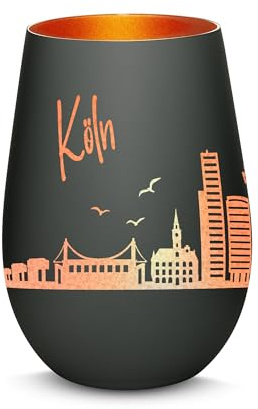 Gravur-Max Windlicht mit 360° Gravur Skyline Köln Deko Glaslicht als tolles Geschenk mit Einer hochwertigen Lasergravur zu jedem Anlass in der Farbe Schwarz/Bronze