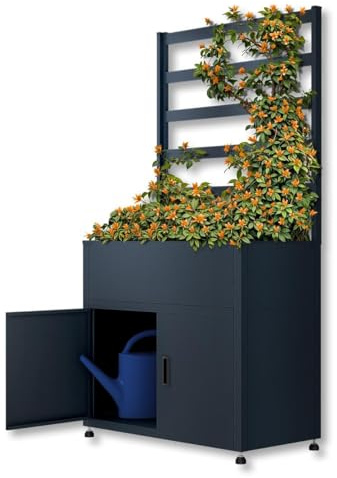 Metzler Hochbeet für Garten mit Stauraum & Pflanzgitter – Pulverbeschichteter Stahl in Anthrazit RAL7016 | Witterungsbeständiges Kräuterbeet aus Metall, Pflanzkübel groß außen | 50 x 100 x 190 cm