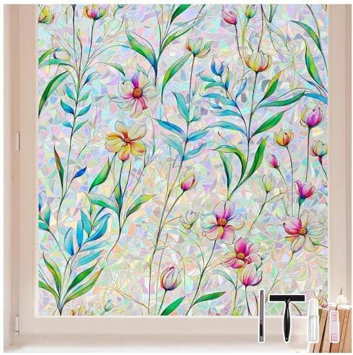 LEMON CLOUD Vinilos para Ventanas, Opaco Privacidad Estático Vinilo Cristales Efecto Arcoiris Patrón Floral, Anti UV para Dormitorio Baño Cocina Sala Hogar 60 × 200 CM