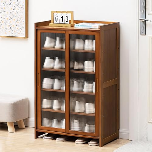 Zapatero de bambú de 5 niveles con puertas correderas, zapatero estrecho de 32 cm para entrada, pasillo, sala de estar y baño, elegante almacenamiento de gran capacidad, marrón, 60 x 32 x 93 cm