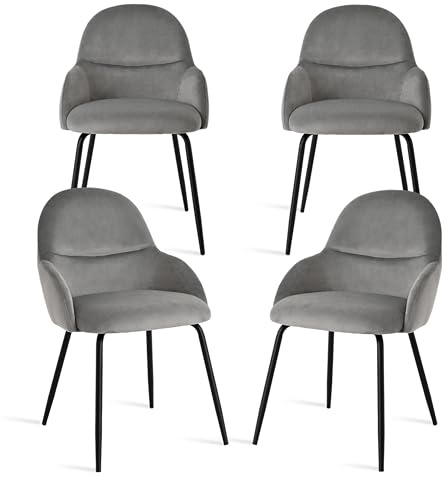 Goeurvant Esszimmerstühle 4er Set mit Armlehne – Ergonomische Polsterstühle, Moderne Küchenstühle mit Samtbezug & Metallbeinen, Gepolsterte Stühle für Wohnzimmer, Esszimmer, Küche, Hellgrau