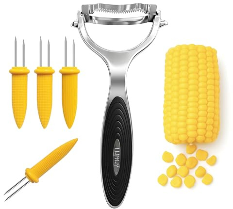 Corn Peeler Tool Set, Stainless Steel Corn Kernel Remover with Serrated Blade, Ergonomic Non-Slip Handle, Includes Corn Holders for Easy Corn Cutting