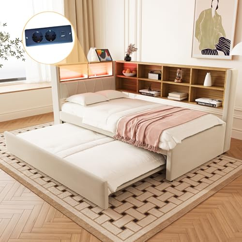 Merax Schlafsofa 90x200 cm, mit Ausziehbett 90x190 cm, LED-Leuchten, Steckdosen & USB/Type-C-Anschlüssen, Polsterbett mit viel Stauraum & Ablagefächern, Flanellbezug, Beige (ohne Matratze)