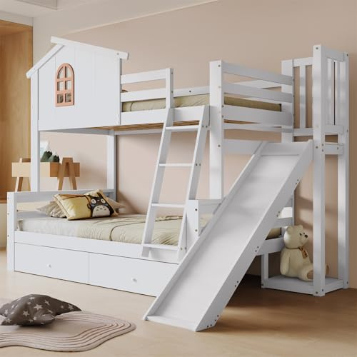 Letto a castello 90 x 200 e 120 x 200 cm, con finestre e scale ribaltabili, letto a soppalco con scivolo, con 2 cassetti, struttura letto a castello, telaio in legno massello, colore bianco