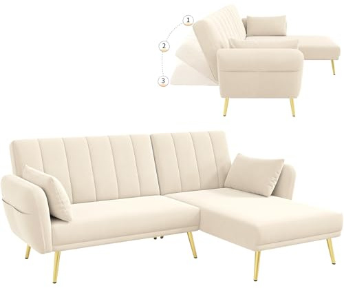 SEEDWAVE L-Förmiges 3 Sitzer Sofa, Verstellbare Rücklehne mit 3 Liegepositionen, Samt Klappsofa mit Seitentaschen, Recamiere auf Beidseiten installiert (Beige)
