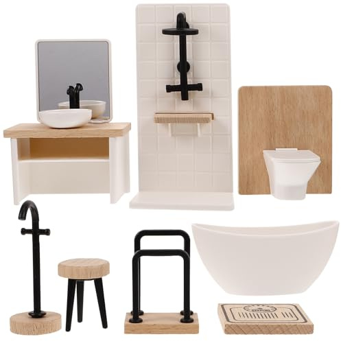 Veemoon Miniature Dollhouse Bathroom Furniture Set, 8pcs 1:12 Scale Dollhouse Shower Accessories Mini Shower Decoration Props Tiny Doll House Modern Kit, Basin Toilet Bathtub Stool Faucet Towel