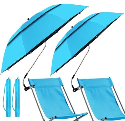 panthem 2 Pack Double Canopy Beach Umbrella with Clamp, UPF 50+ 360° Adjustable Sun Shade, Portable Clip-on Parasol for Camping Chair, Wheelchair, Golf Cart, Patio, Festival (Sky Blue, No Chair)