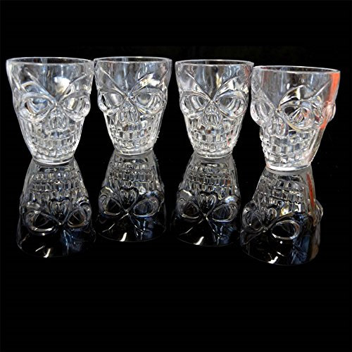 SHATCHI Lot de 4 verres à liqueur transparents en forme de tête de mort 3D pour Halloween