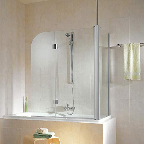 Schulte D81102 01 50 12 3 Duschabtrennung mit Seitenwand Garant für Badewanne, 6 mm Sicherheitsglas Klar hell, 117 x 140 x 75 cm, alunatur, Montage rechts