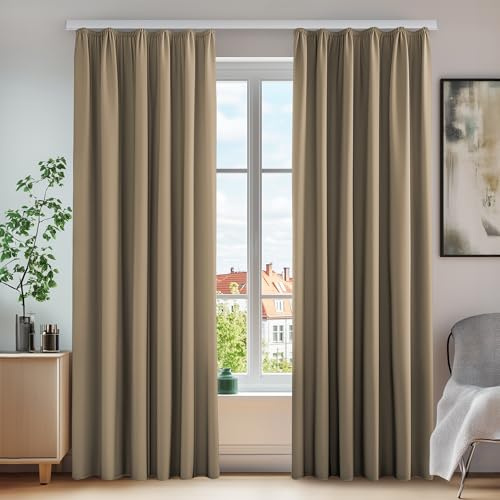 Deconovo Verdunklungsvorhänge Kräuselband für Schienensystem Gardinen Taupe | 2er Set, H 245 x B 140 cm, Thermogardine, Hitzeschutz, für Wohnzimmer, Sichtschutz, Wärmehaltung, Wohnzimmer Deko, Schienensy