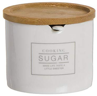 Deco Line Azucarero redondo de cerámica Sugar blanco con tapa de bambú, 8 cm