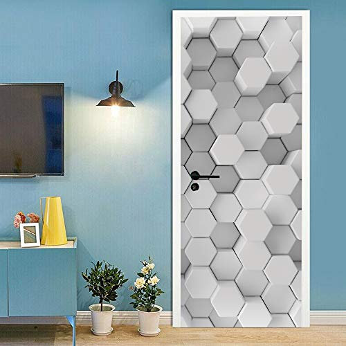 Yelilad Türtapete Selbstklebend TürPoster Türaufkleber 3D Wohnzimmer Schlafzimmer Badezimmer Wasserdicht Abnehmbare Professionelle Vinyl Upgrade, Kreative Weiß Grau Stereo Geometrie 90x200 cm