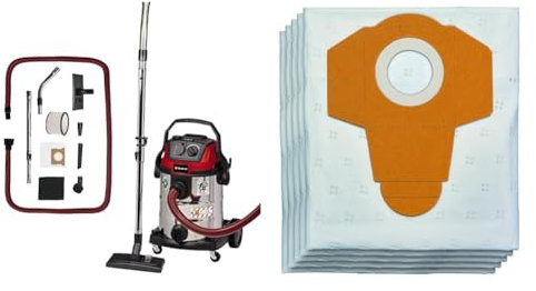 Einhell våt- och torrdammsugare TE-VC 2025 SACL (dammskydd kl. L, inkl. munstycken och filter), röd, & Original Einhell Fleece smutspåse 25 L (lämplig för Einhell våt- och torrdammsugare, 5 st ingår)