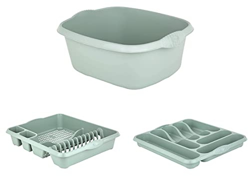 JMS we create smile Set of 3 Plastic Kitchen Large Dish Drainer Rectangular Washing Up Bowl with Large Cutlery Tray Set (Silver Sage)
