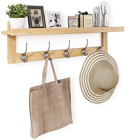 SMIBUY Kleiderhaken mit Regal Wandmontage, 74 cm Eingangsbereich Garderobe für Wand, Bambus-Hängeregal mit 5 Doppel-Metallhaken für Badezimmer, Schlafzimmer, Küche, Wohnzimmer, Mudroom (natürlich)