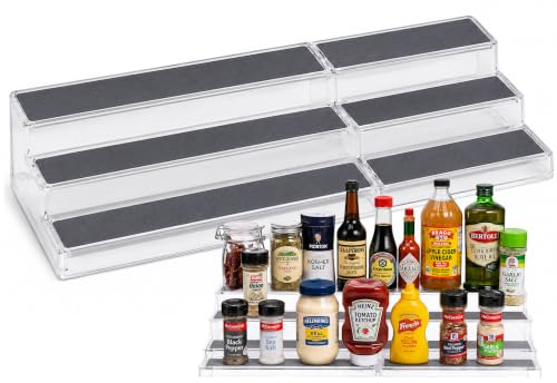 3–Tier Expandable Plastic Spice Rack - Adjustable Length, Stability with Non-Skid Shelf, Three Tiers for Easy Visibility, Organizer for Kitchen Cabinet, Pantry or Countertop, White/Grey
