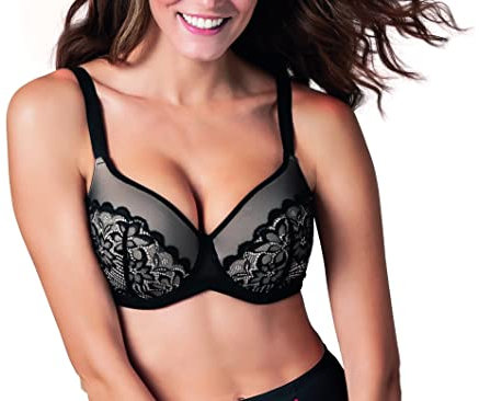 1 Pezzo Reggiseno a Balconcino,Sollievo S1, con Imbottitura Preformata, con Ferretto. Coppe in Pizzo e Tulle. Coppa C-D, Nero 4C