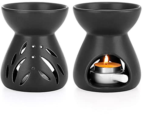 BSTKEY 2 Stück Keramik-Brenner für ätherische Öle, Wachsbrenner, Heimdekoration, Aroma-Diffusor, Teelicht, Kerzenbrenner mit kleinem Kerzenlöffel, Trichterform (schwarz)