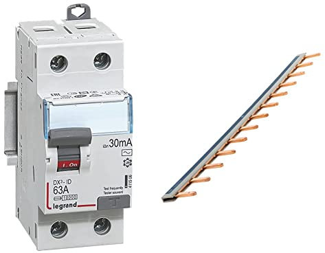 Legrand 411506 Interrupteur différentiel DX³-ID arrivée haute et départ bas à vis, 2P, 230V, 63A typeAC, 30mA, 2 modules & Zenitech-Peigne 13 modules noir/blanc longueur 220mm