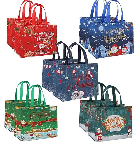 10 Pack Christmas Tote Bags, Reusable Tote Bag With Handle Non-woven Fabric Christmas Shopping Bag Foldable Waterproof Treat Grocery Bag for Xmas Gift Party Decoration