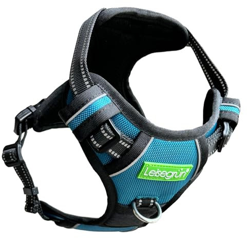Leisegrün Brustgeschirr Corby Reflect, Hundegeschirr kleine Hunde, 3 Metallringe, kein Ziehen, reflektierend, mit Frontclip und Griff, verstellbar, Größe S, Blau