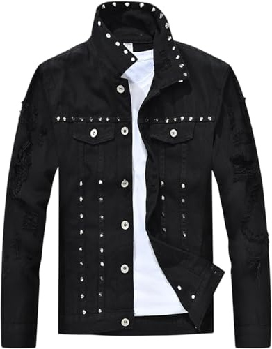 Mcdslrgo Herren Punk Jeansjacke Button Down Distressed Ripped Holes Jeans Jacken mit Nieten, Schwarz , S