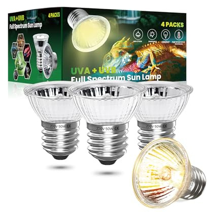 50W E27 UVB UVA Värme & Justerbar Solspektrumlampa för Terrarium - 2700K Varmvit Ljus för Landsköldpaddor, Reptiler och Groddjur (4-pack) [Energiklass G]