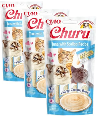 INABA CIAO Churu Sticks - Katzen Leckerlie zum Füttern aus der Hand - Köstliche, leckbare Katzensnacks - Thunfisch und Jakobsmuscheln (1x56g) (Packung mit 3)