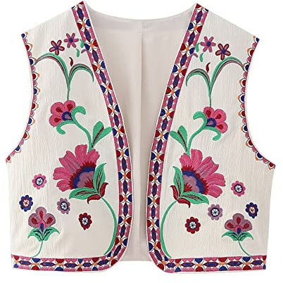 Qianderer Damen Vintage Stickerei Floral Weste Y2k Leinen Offene Vorderseite Ärmellos Cardigan Mode Blumen Bolero Weste, L